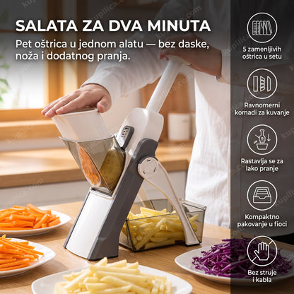 sečko za povrće sa pet oštrica priprema pomfrit i salatu u kuhinji, benefiti proizvoda