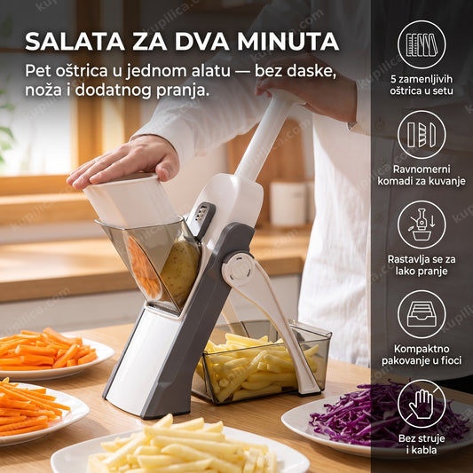 sečko za povrće sa pet oštrica priprema pomfrit i salatu u kuhinji, benefiti proizvoda