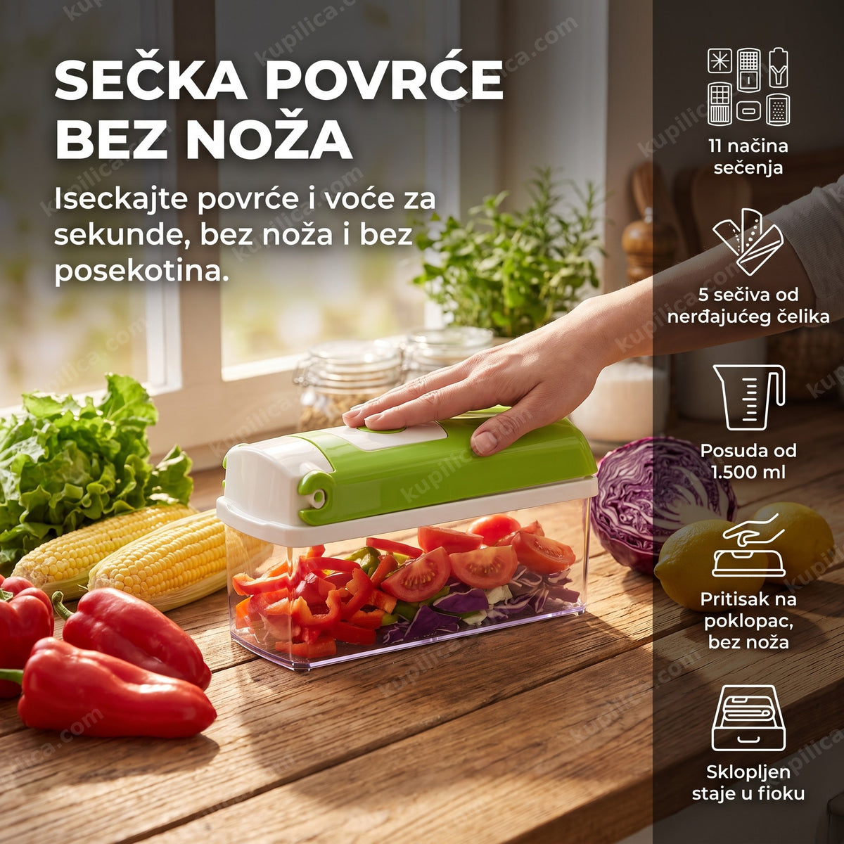 secko za povrće sa sveže isečenim namirnicama na kuhinjskom stolu sa prikazanim benefitima proizvoda