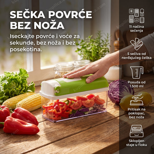 secko za povrće sa sveže isečenim namirnicama na kuhinjskom stolu sa prikazanim benefitima proizvoda