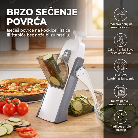 sečko za voće i povrće koji seče tikvice i paradajz na kuhinjskom stolu, benefiti proizvoda