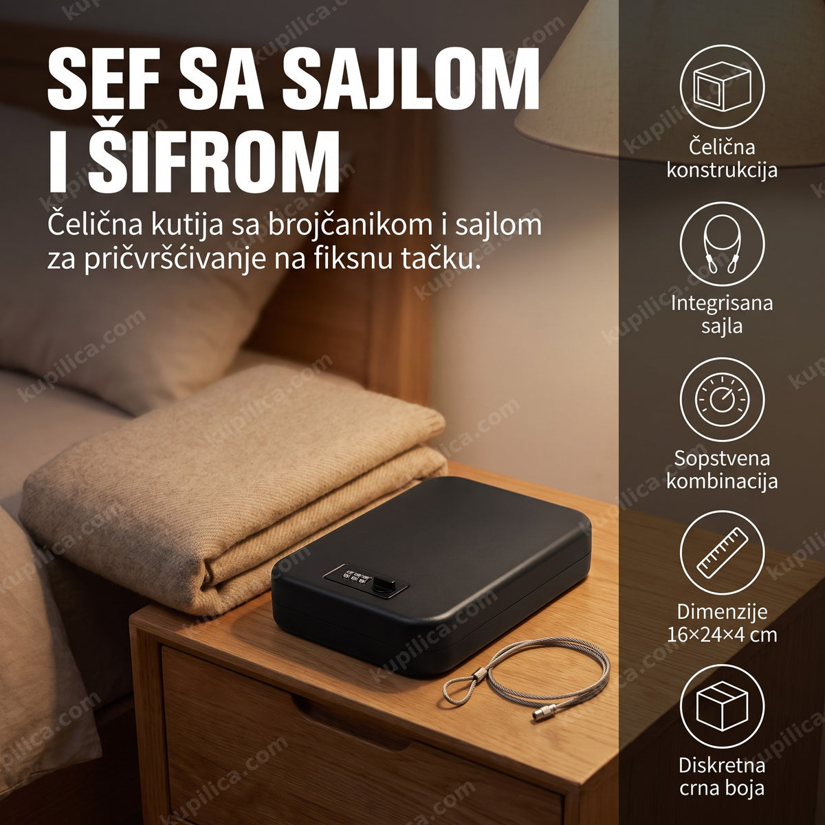 crni čelični sef sa brojčanikom i sajlom za pričvršćivanje