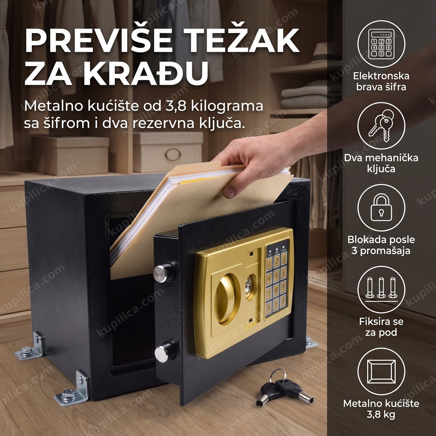 Osoba stavlja dokumenta u elektronski sef pričvršćen u ormanu