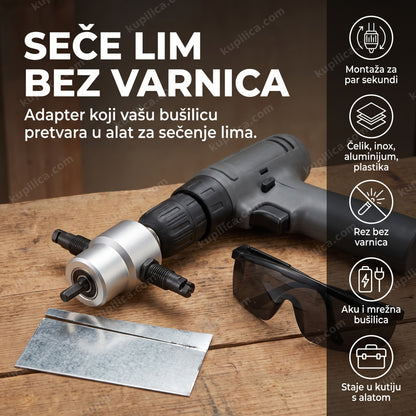 sekač za lim adapter montiran u glavu bušilice na radnom stolu