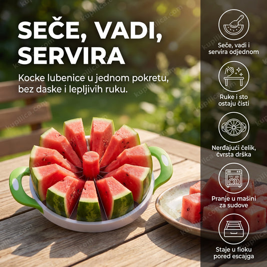 sekač za lubenicu 3u1 sa isečenim kockama lubenice, prikaz benefiti proizvoda