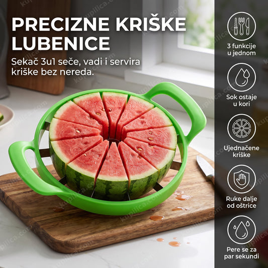 zeleni sekač za lubenicu iseca precizne kriške na kuhinjskom stolu, benefiti proizvoda