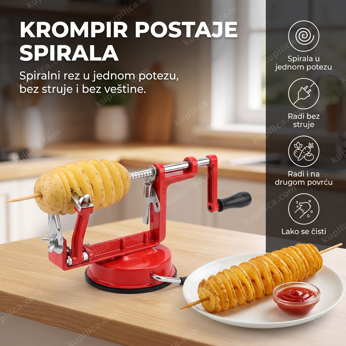 sekač za tornado krompir pravi spiralu na štapiću u kuhinji, benefiti proizvoda