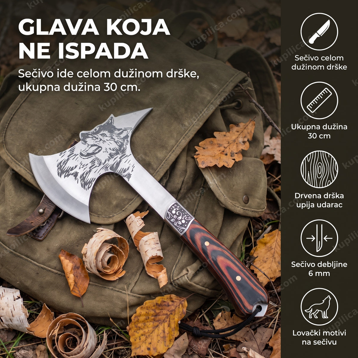 sekira za lov i kampovanje sa drvenom drškom i lovačkim motivom na sečivu