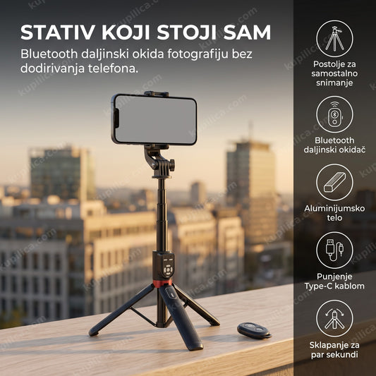 selfi štap sa bluetooth daljinskim i postoljem na kamenoj terasi