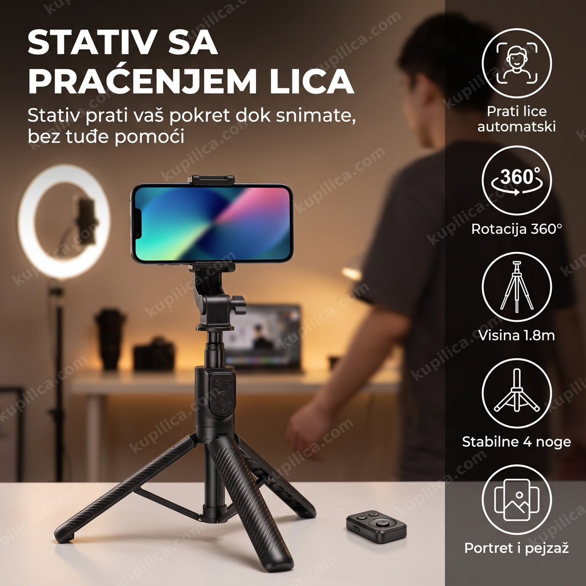Telefon na selfie stativu sa praćenjem lica u sobi kreatora sadržaja
