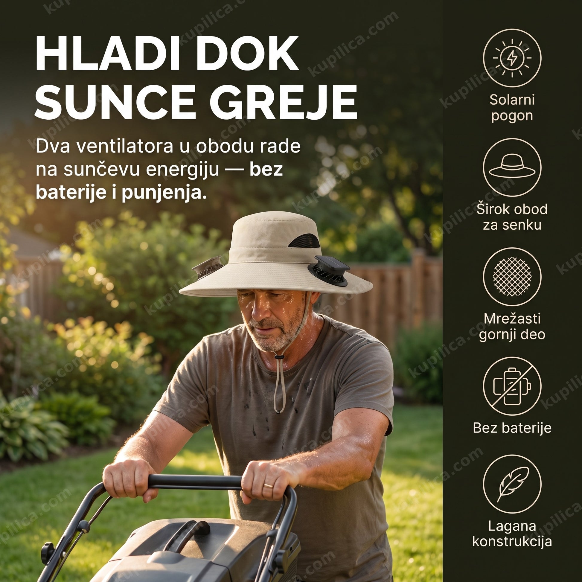 šešir sa solarnim ventilatorom — muškarac kosi travu po vrelom danu, dva ventilatora u obodu bez baterije