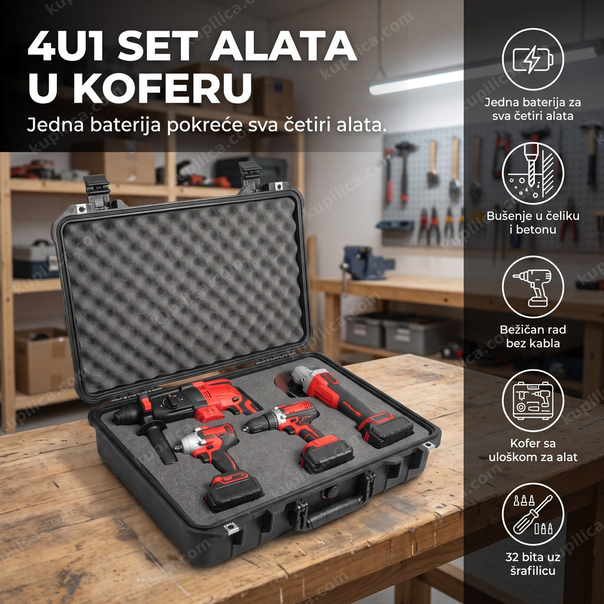 4u1 set alata sa baterijom otvoren u koferu, benefiti proizvoda