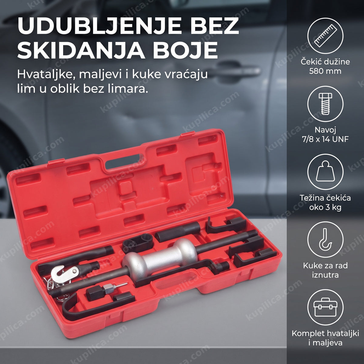 otvoren kofer sa alatom za izvlačenje udubljenja na karoseriji automobila