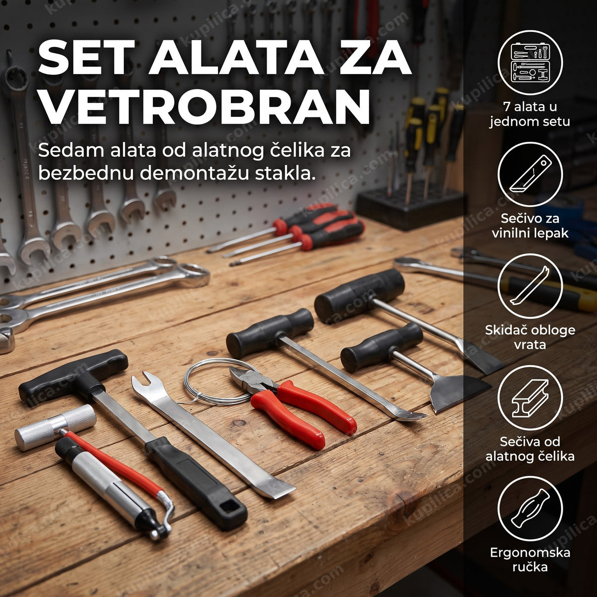set od sedam alata za skidanje vetrobranskog stakla na radnom stolu u radionici, benefiti proizvoda