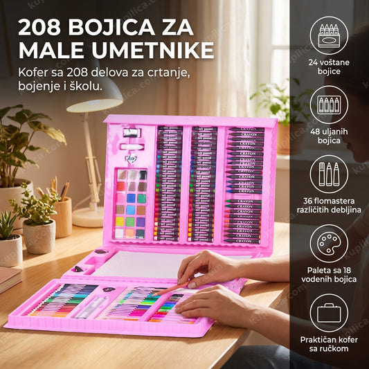 set 208 bojica za crtanje i školu u koferu na stolu, prikaz benefita proizvoda