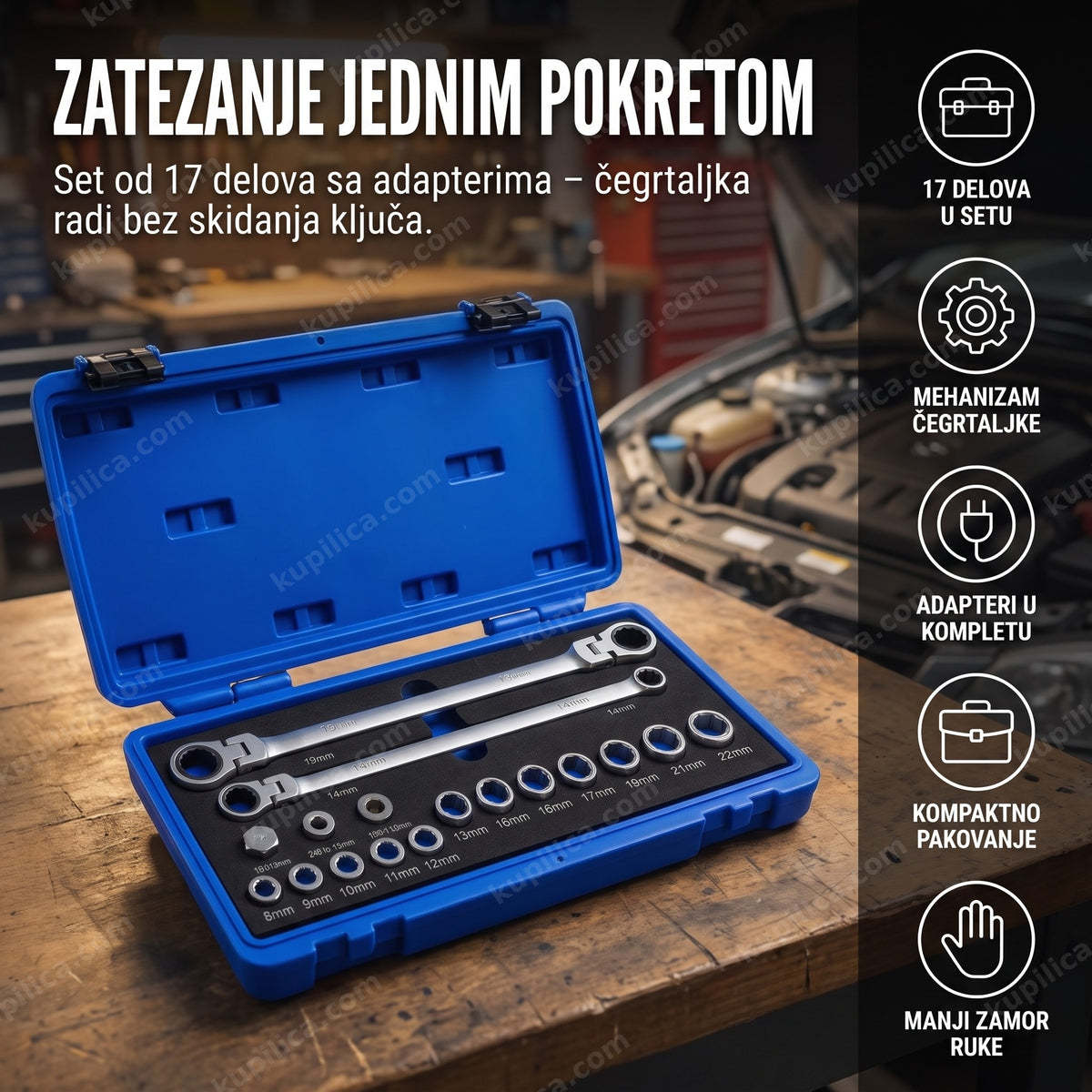 set brzih ključeva 17 delova otvoren u koferu na radnom stolu