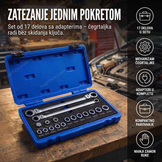 set brzih ključeva 17 delova otvoren u koferu na radnom stolu