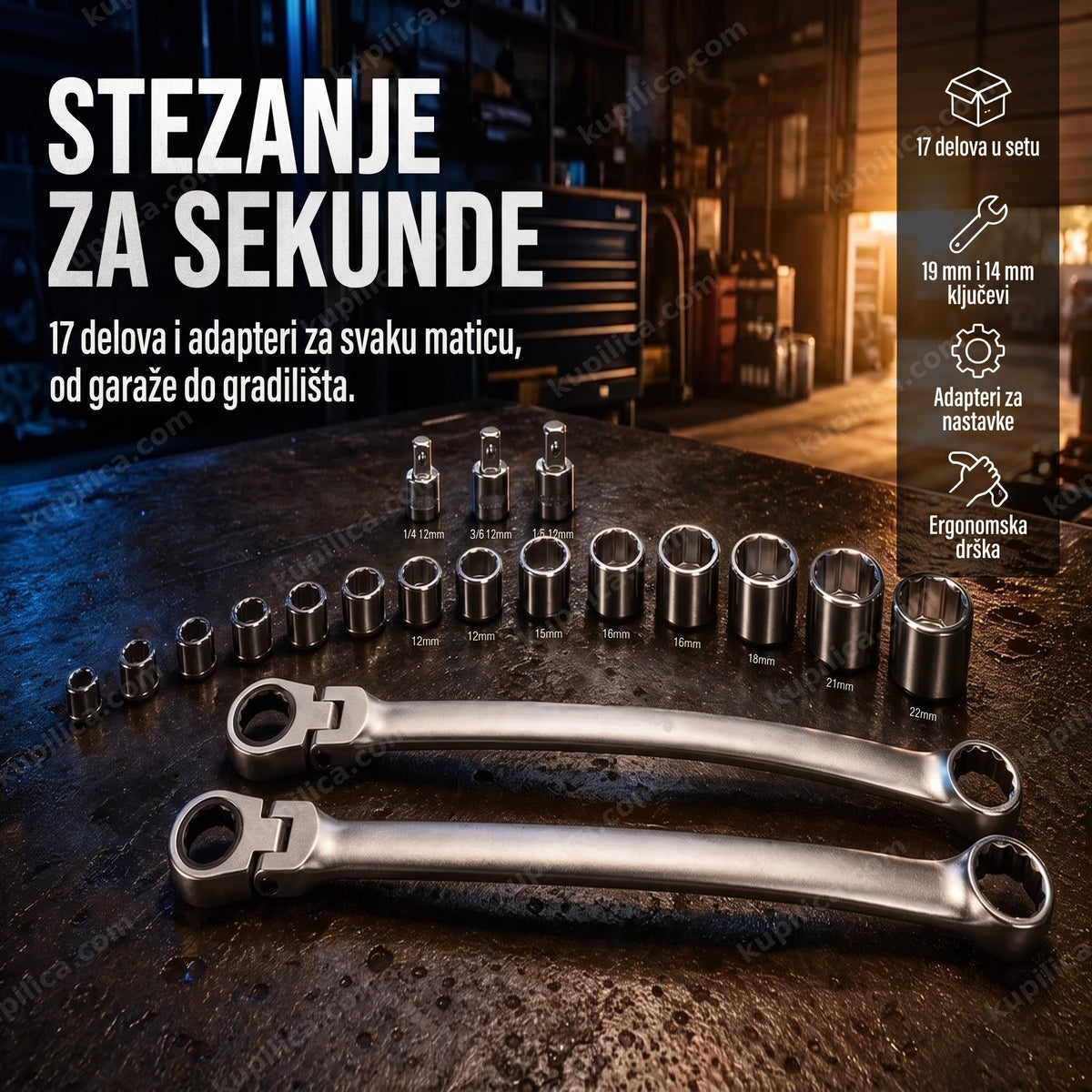 Set brzih ključeva 17 delova sa adapterima na radnom stolu