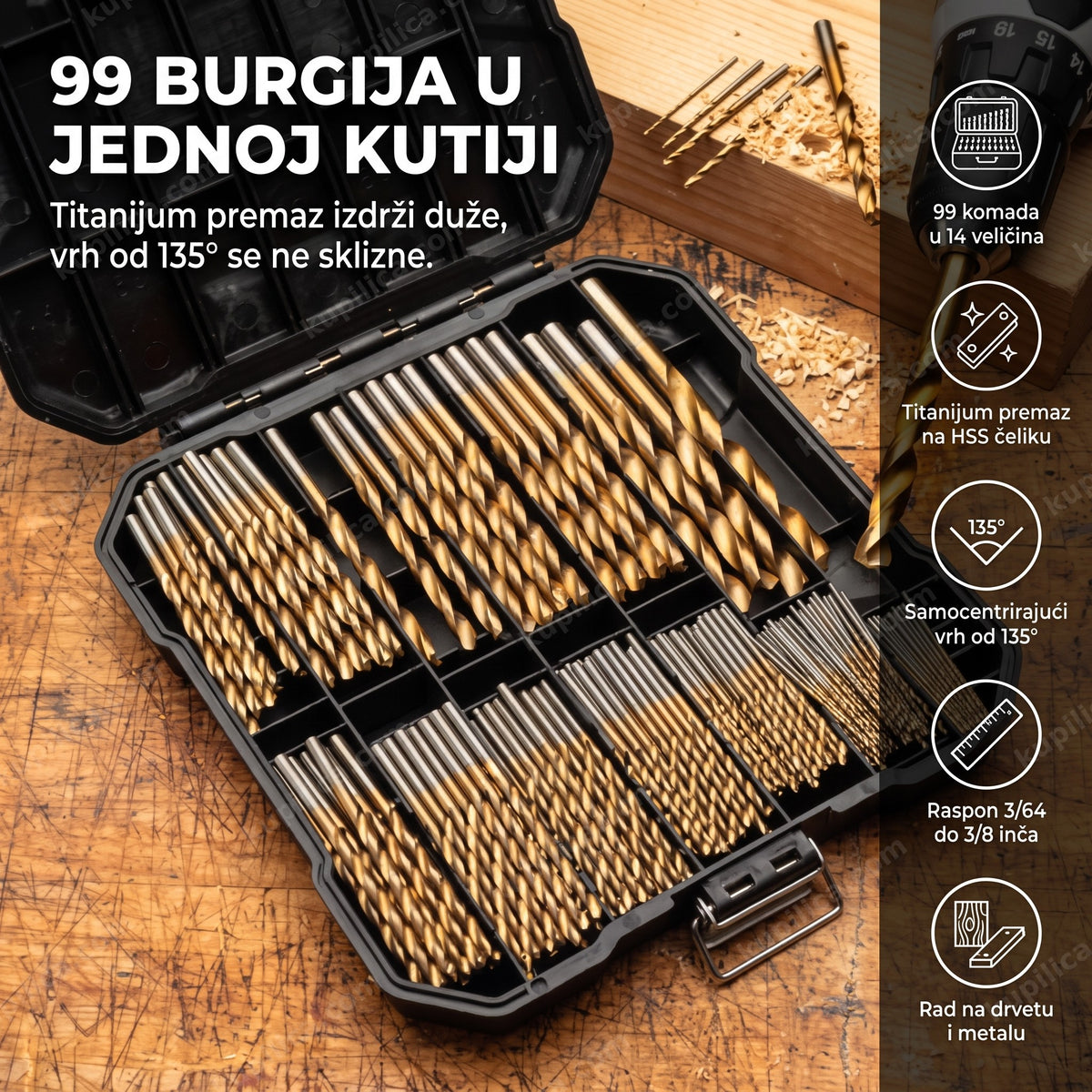 set burgija 99 komada poređanih u kutiji na radnom stolu, benefiti proizvoda