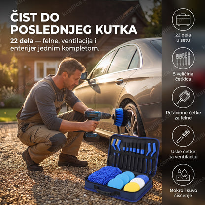 set četki za čišćenje automobila 22 dela — muškarac čisti felne rotacionom četkom, komplet za ceo auto