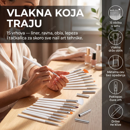 set četkica za nail art, bele — žena radi gel nokte i cvetne motive, 15 oblika u kutiji