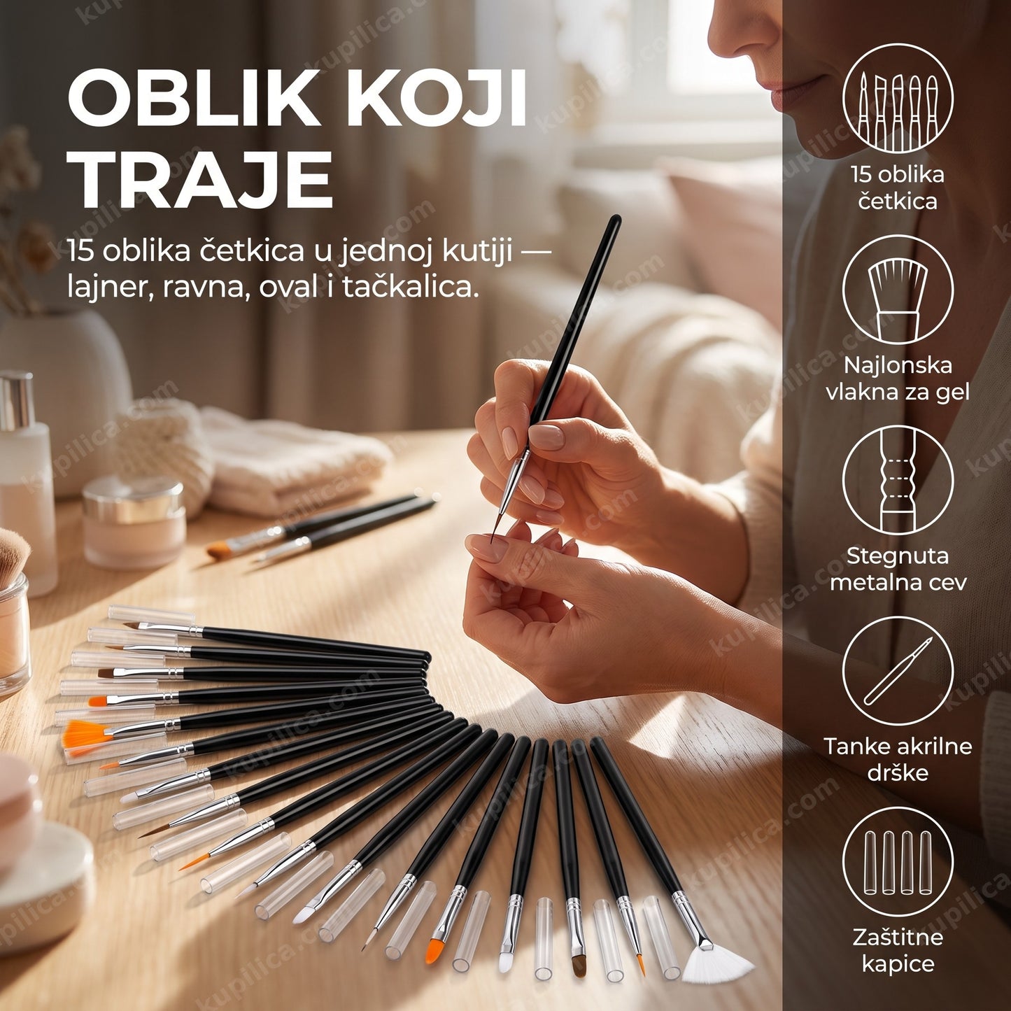set četkica za nail art, crna drška — žena radi nail art kod kuće, 15 oblika u jednoj kutiji