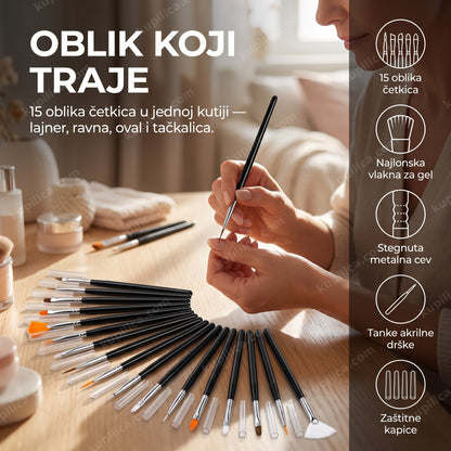 set četkica za nail art, crna drška — žena radi nail art kod kuće, 15 oblika u jednoj kutiji