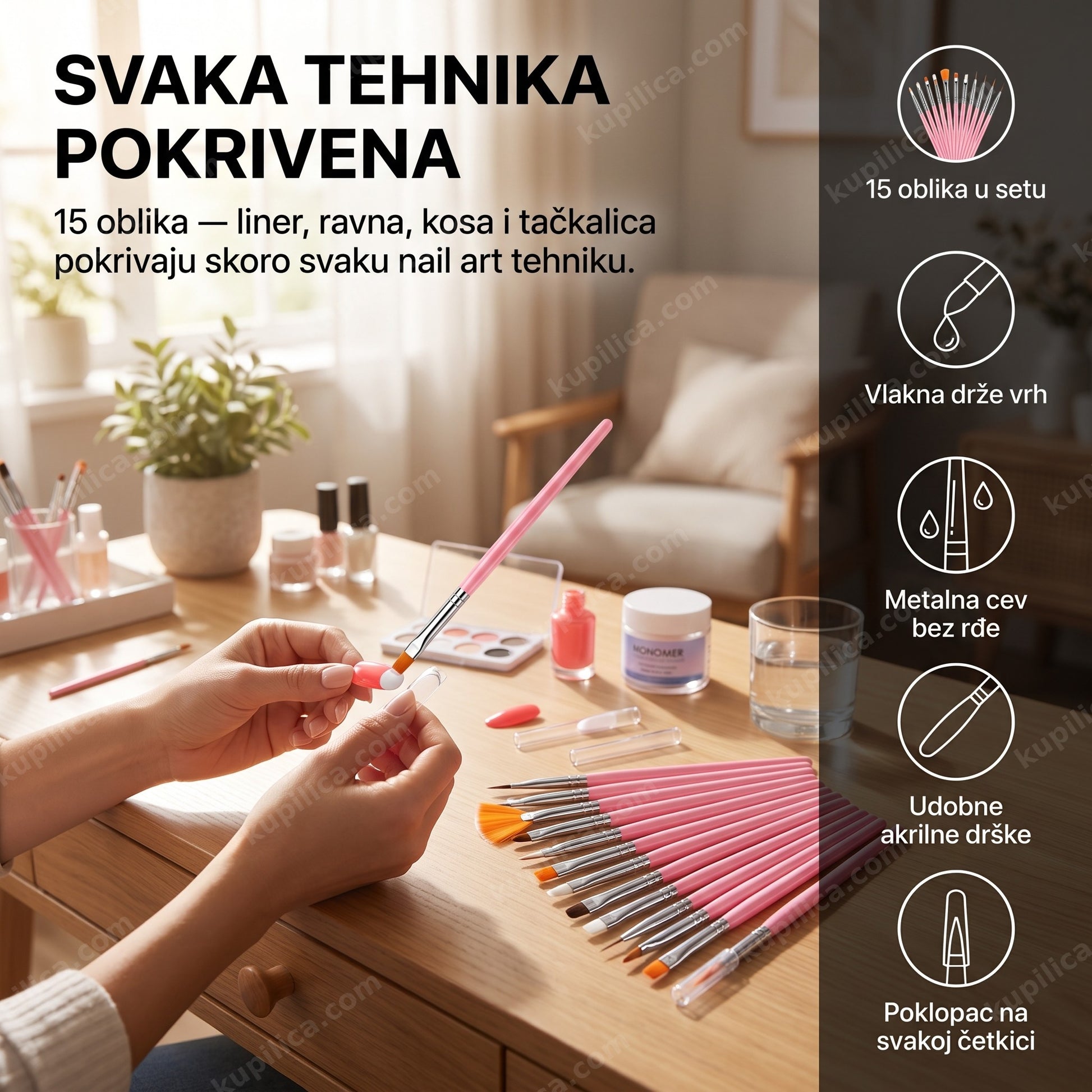 set četkica za nail art, roze — žena radi gel nokte kod kuće, 15 oblika za sve tehnike