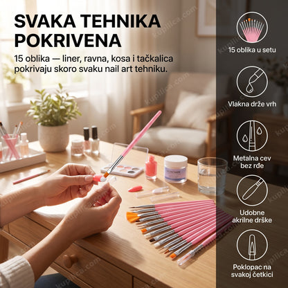 set četkica za nail art, roze — žena radi gel nokte kod kuće, 15 oblika za sve tehnike