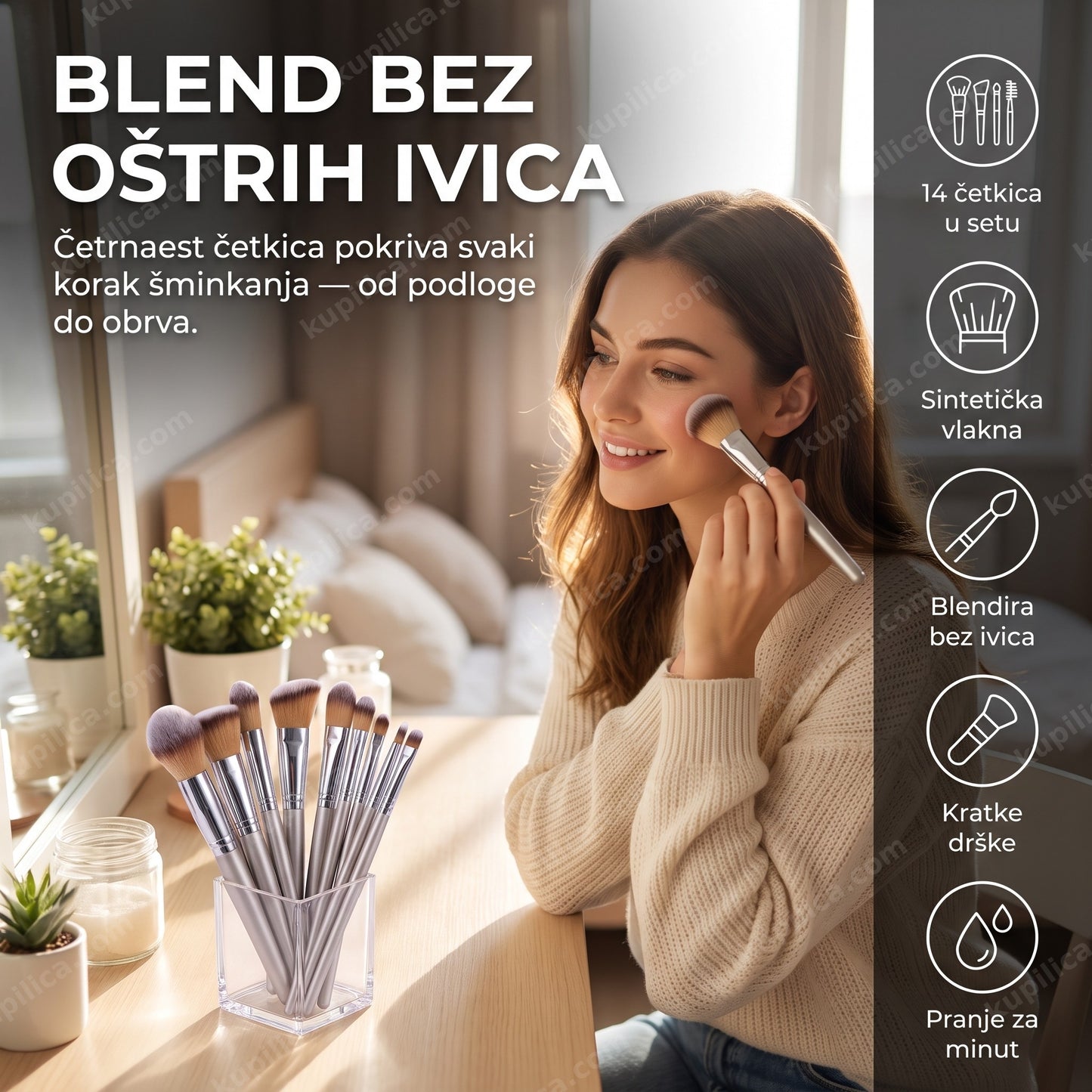 set četkica za šminkanje — žena nanosi rumenilo četkicom kod kućnog toaletnog stočića, 14 četkica za lice i oči, sintetička vlakna