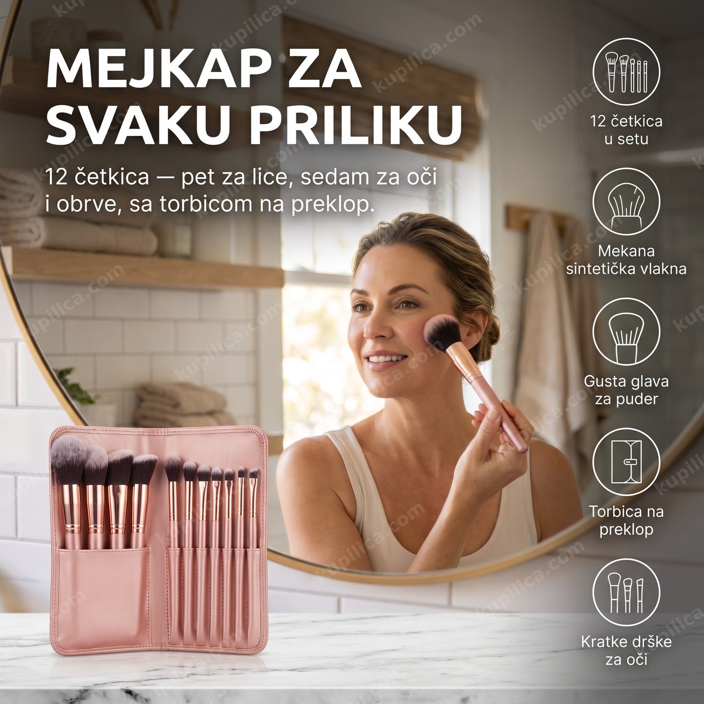 set četkica za šminkanje Lux Pink Gold — žena se šminka kod kuće, 12 četkica sa torbicom