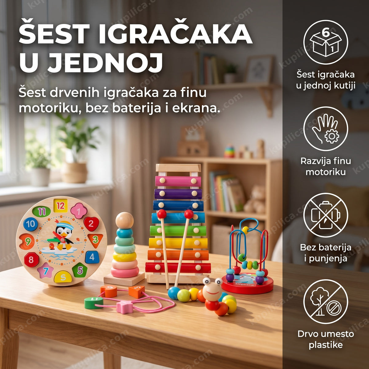 set drvenih edukativnih igračaka za decu složen na stolu, benefiti proizvoda