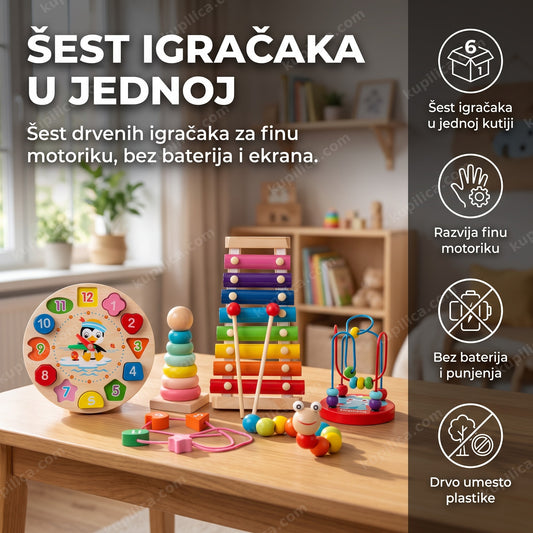 set drvenih edukativnih igračaka za decu složen na stolu, benefiti proizvoda
