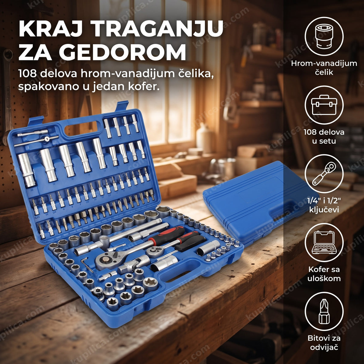 set gedora i nastavaka 108 delova u plavom koferu na radnom stolu, benefiti proizvoda