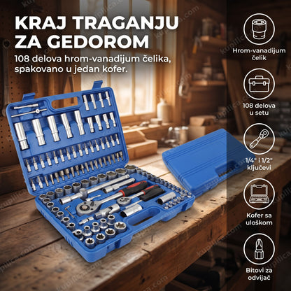 set gedora i nastavaka 108 delova u plavom koferu na radnom stolu, benefiti proizvoda