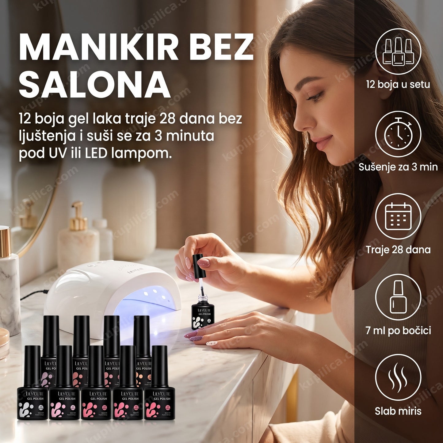 set gel lakova 12 boja — žena nanosi gel lak kod kuće, 12 boja u kutiji, suši se za 3 minuta pod UV/LED lampom