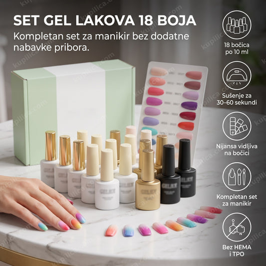 Set gel lakova 18 boja poređan na stolu za manikir sa nijansama