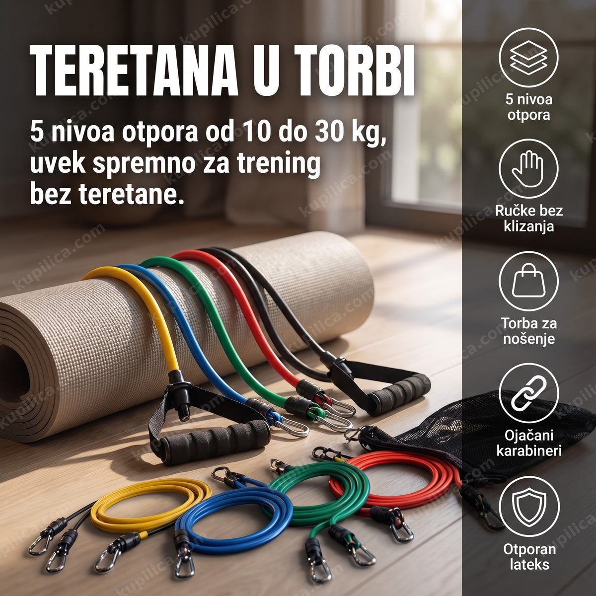 set guma za vežbanje 5 nivoa otpora — pet traka u boji sa ručkama i torbom za nošenje