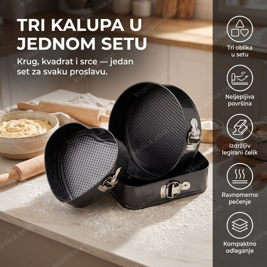 set kalupa za torte krug kvadrat i srce na radnoj ploči, benefiti proizvoda
