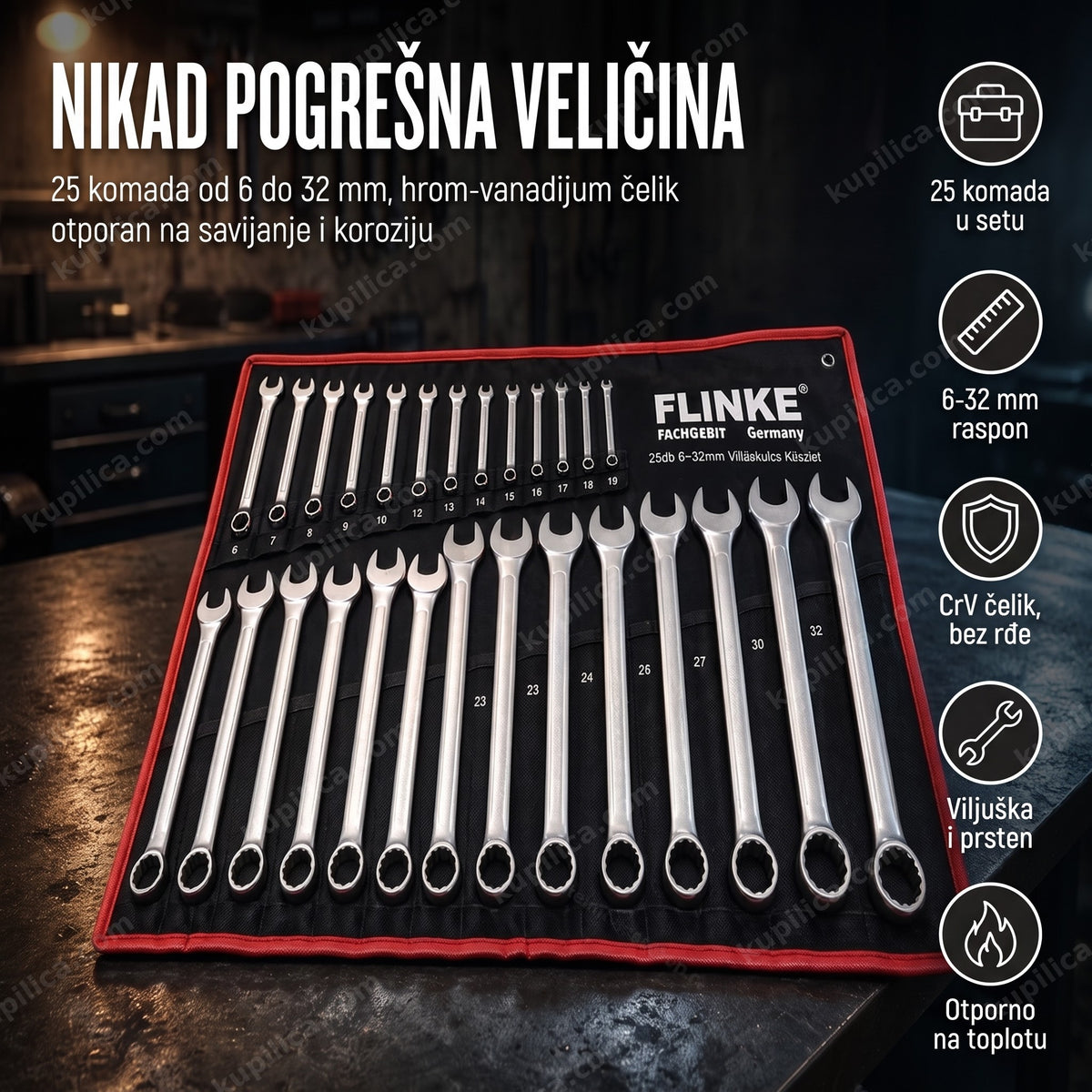 set ključeva FLINKE 25 komada u platnenoj torbi na radnom stolu