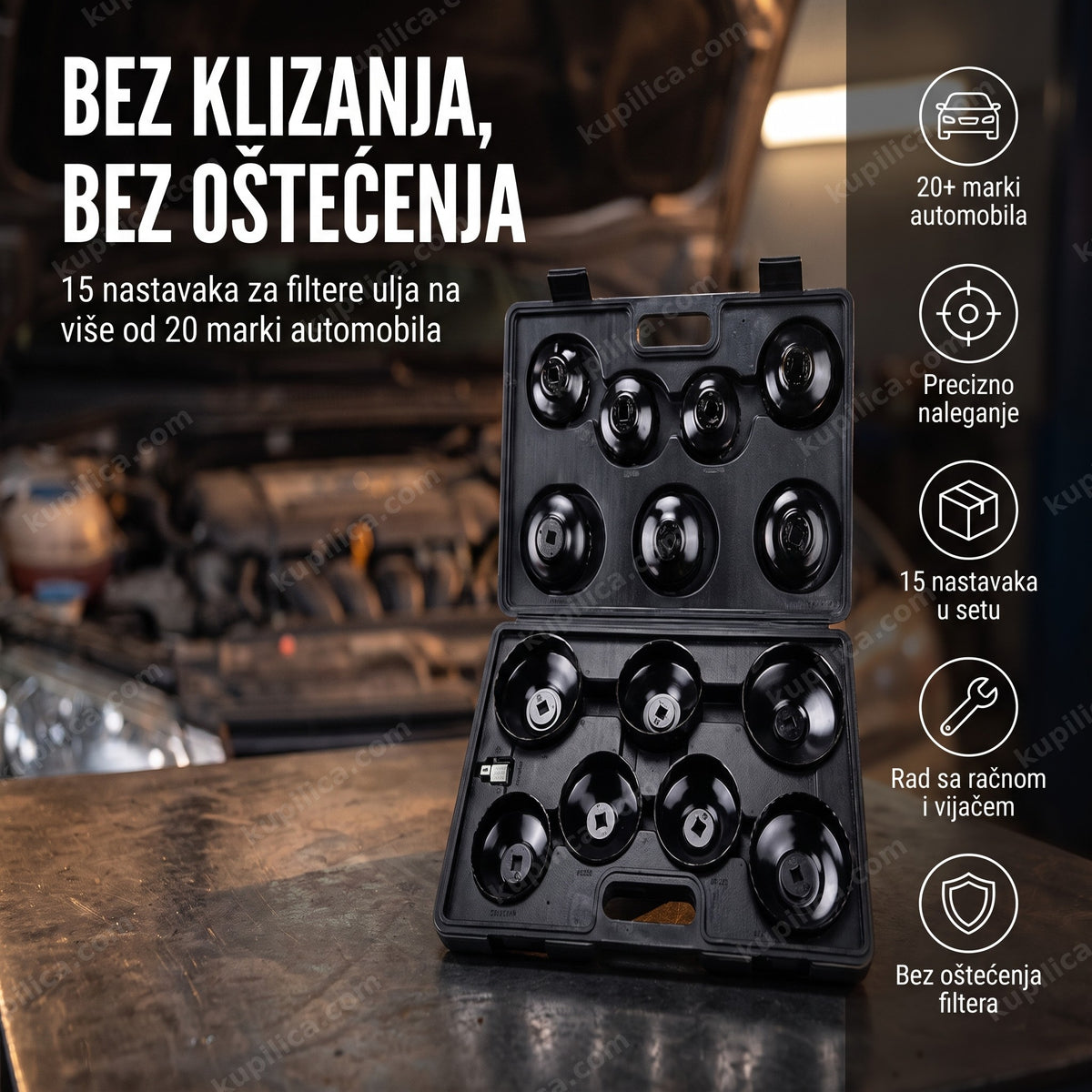 Set ključeva za filtere ulja 15 komada u otvorenom koferu na radnom stolu