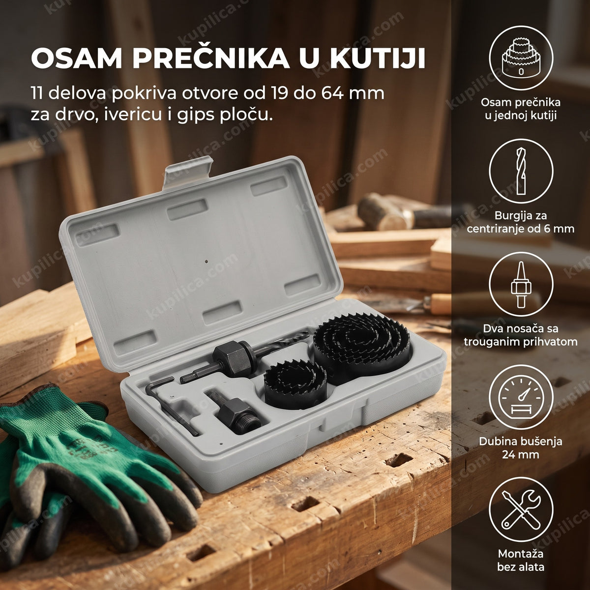 set kruna za bušenje otvora u koferu na radnom stolu pored rukavica, benefiti proizvoda