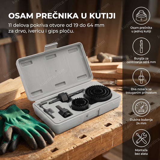 set kruna za bušenje otvora u koferu na radnom stolu pored rukavica, benefiti proizvoda