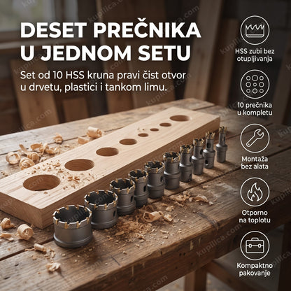 deset HSS kruna za bušenje rupa poređano pored izbušene daske u radionici, benefiti proizvoda