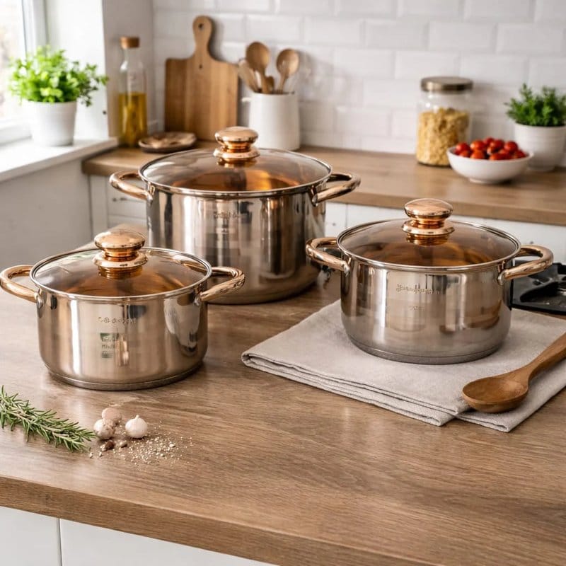 set lonaca inox 18/10 6 delni sa staklenim poklopcima na kuhinjskom pultu