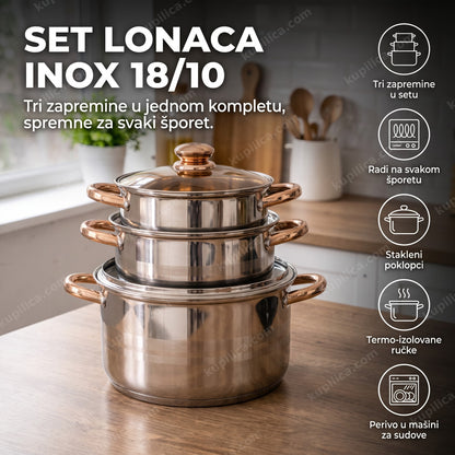Set lonaca inox sa staklenim poklopcima poređan u kuhinji