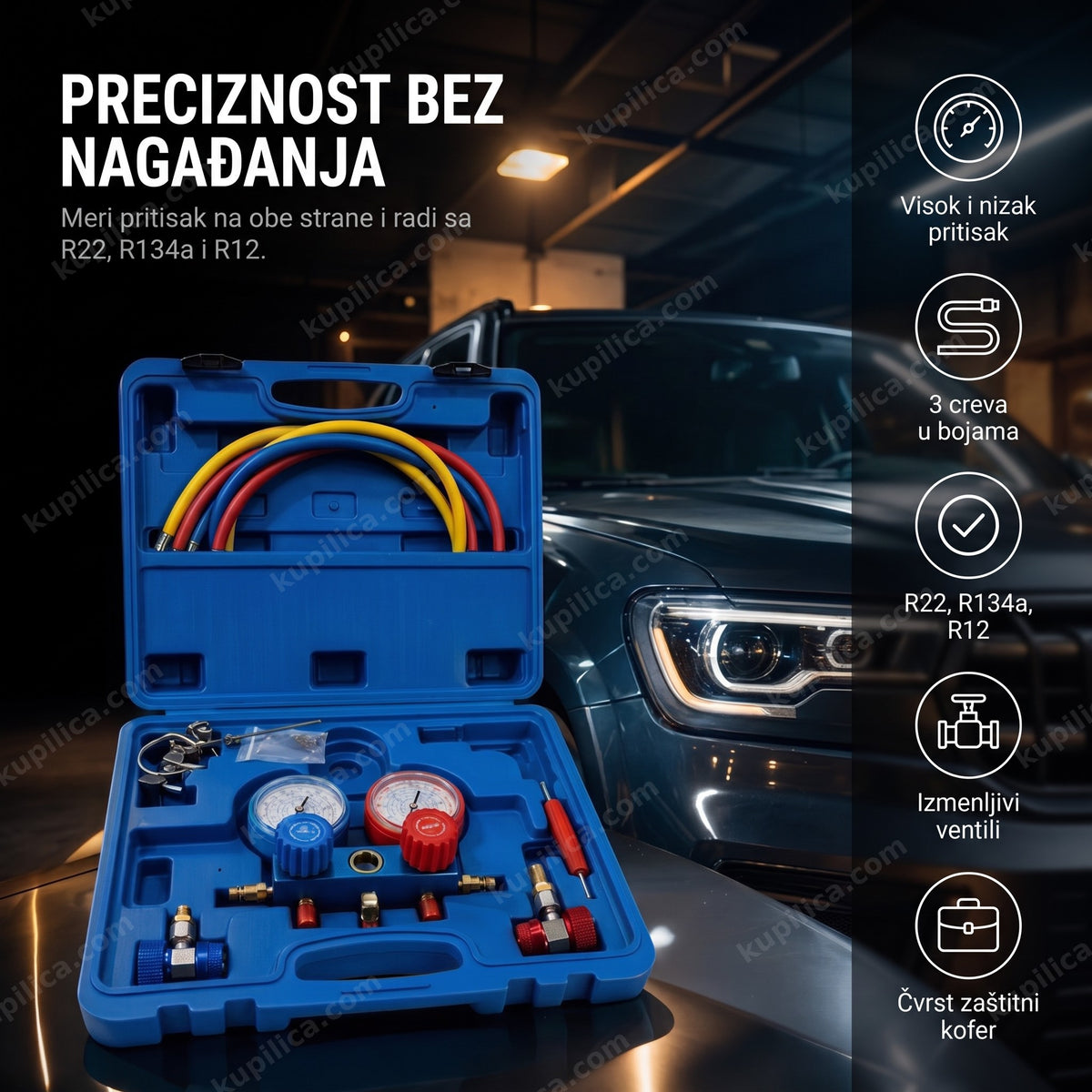 set manometara za klimu — otvoren kofer sa dva manometra i tri creva u bojama