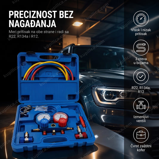 set manometara za klimu — otvoren kofer sa dva manometra i tri creva u bojama