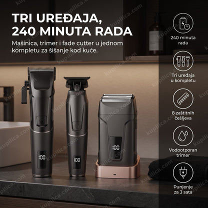 crni set od tri bežične mašinice za šišanje i punjač u kupatilu