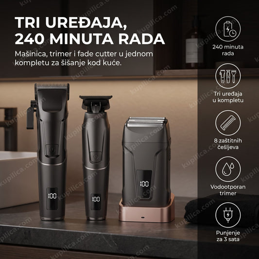 crni set od tri bežične mašinice za šišanje i punjač u kupatilu